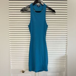 Bright blue fitted ribbed mini dresss with cut out back